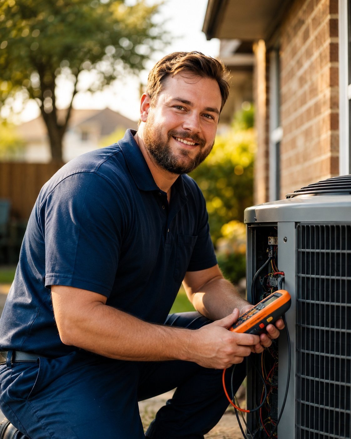 Joe's Heating & Cooling technician servicing an outdoor AC unit