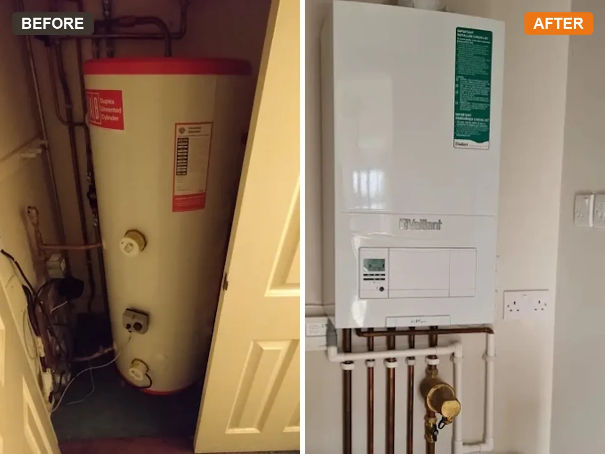 Old hot water cylinder replaced with a new Vaillant combi boiler in Cheshunt