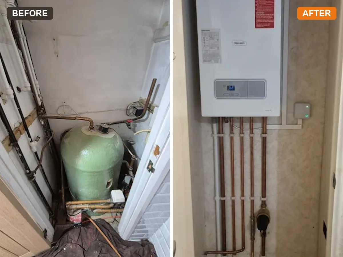 Old green cylinder swapped for a new combi boiler with tidy copper pipework